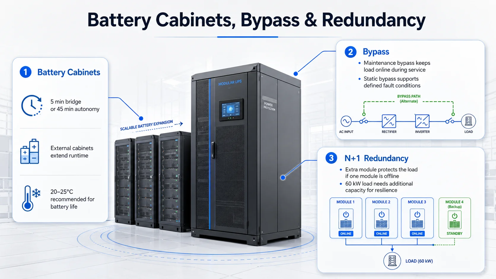 How to Size a Data Center UPS for Real IT Loads and Reliable Power Backup 2 Battery Cabinets, Bypass, and Redundancy