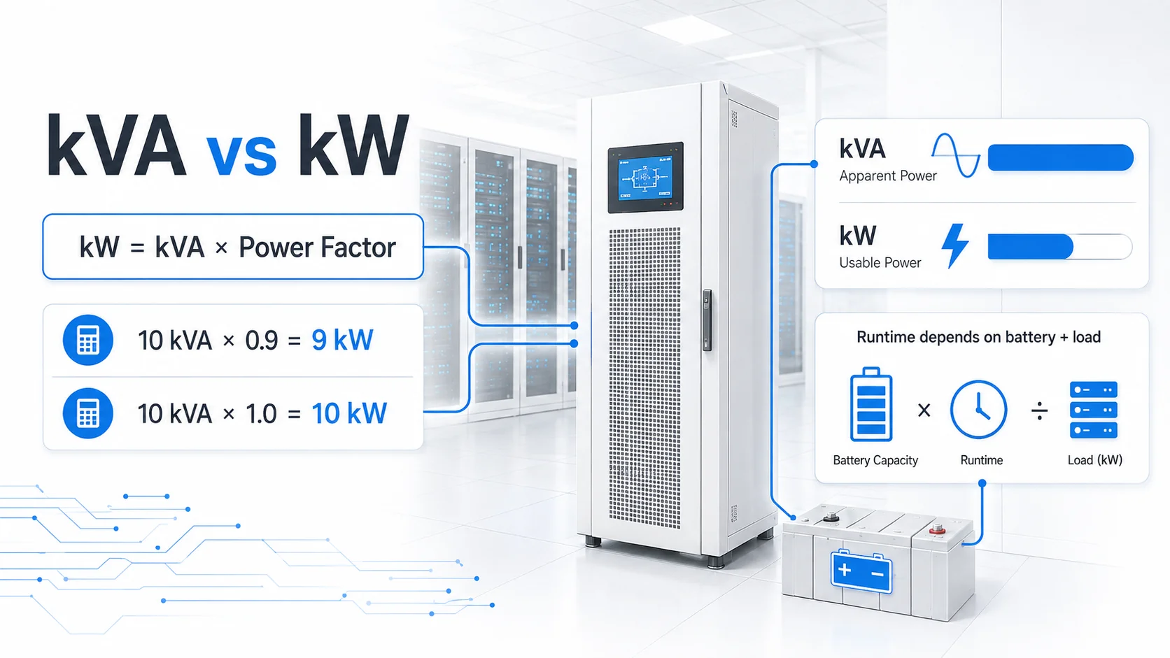 How to Size a Data Center UPS for Real IT Loads and Reliable Power Backup 1 kVA, kW, Power Factor, and Runtime