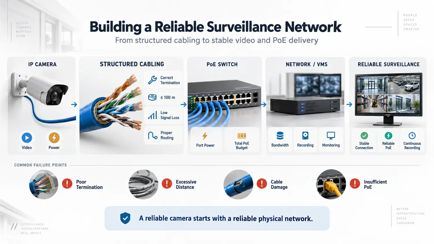 Structured Cabling for Surveillance Systems 1 Infographic showing structured cabling, PoE switch, network VMS and reliable IP surveillance