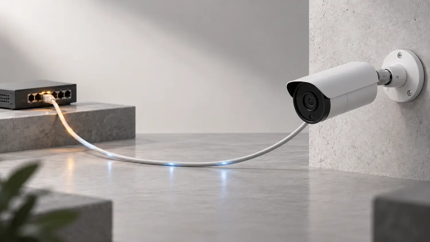 Structured Cabling for Surveillance Systems 2 PoE switch connected by Ethernet cable to an IP surveillance camera