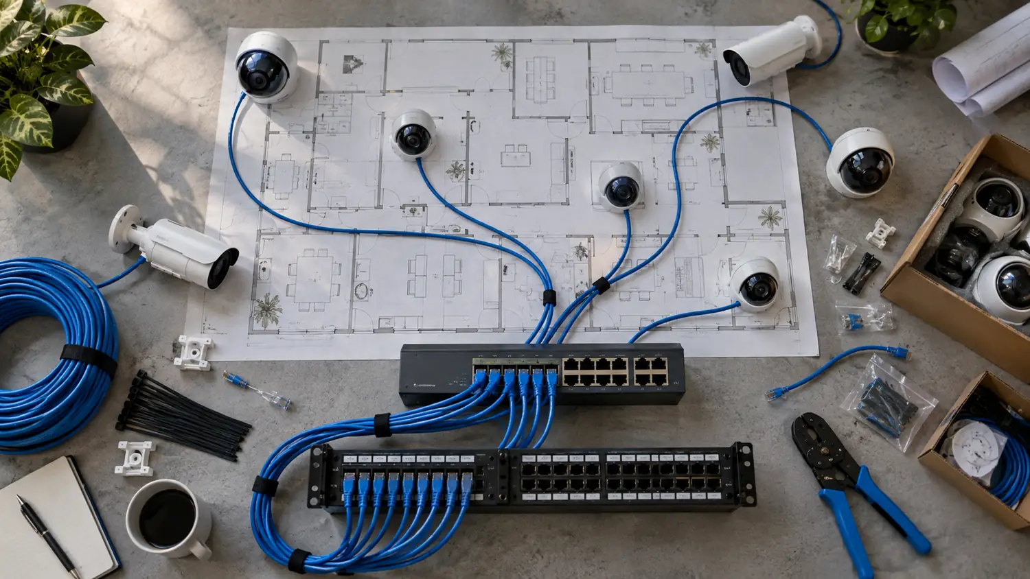 Structured Cabling for Surveillance Systems 4 Top-down surveillance network plan with IP cameras, Ethernet cabling, PoE switch and patch panel
