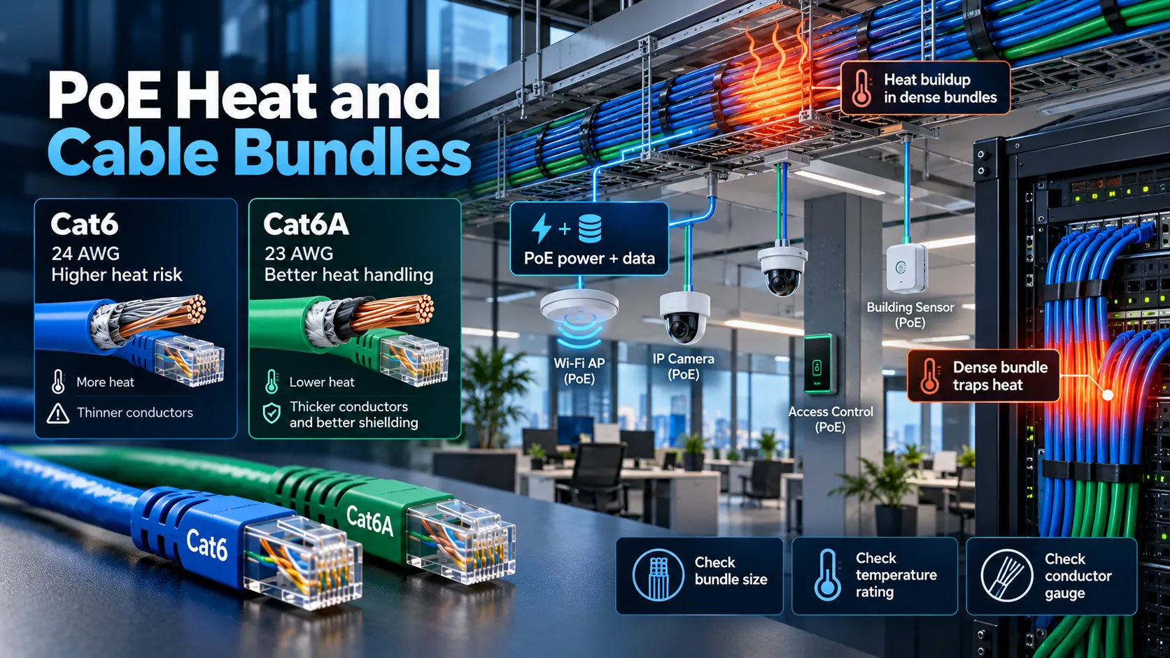 Cat6 vs Cat6A (Choosing Cabling for Office Networks) 2 PoE Heat and Cable Bundles