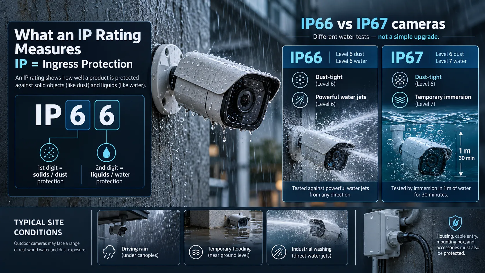IP66 vs IP67 cameras: Water Protection and IK10 Ratings Explained 1 What an IP Rating Measures